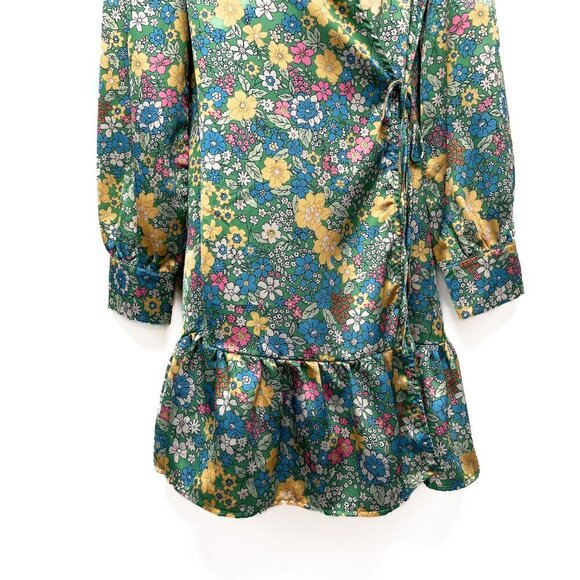 Aakaa Finding My Passion Floral Print Ruffle Wrap Dress Mini Medium Satin - Picture 7 of 10